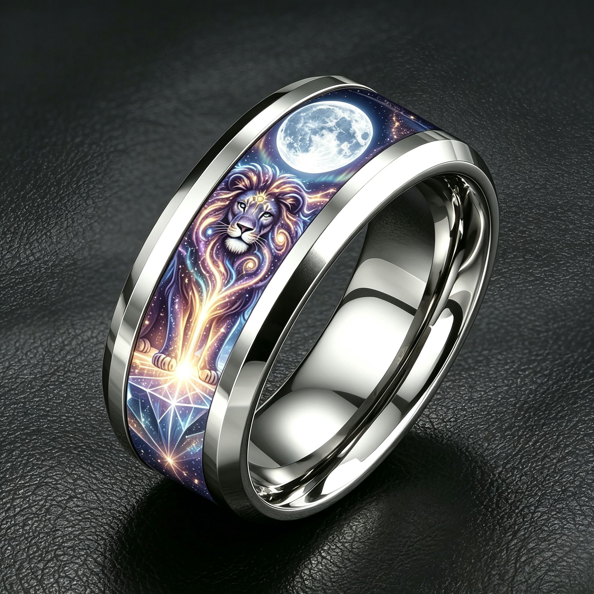 Galaxy Lion 304 Stainless Steel Ring, 8mm Glossy Polished Band